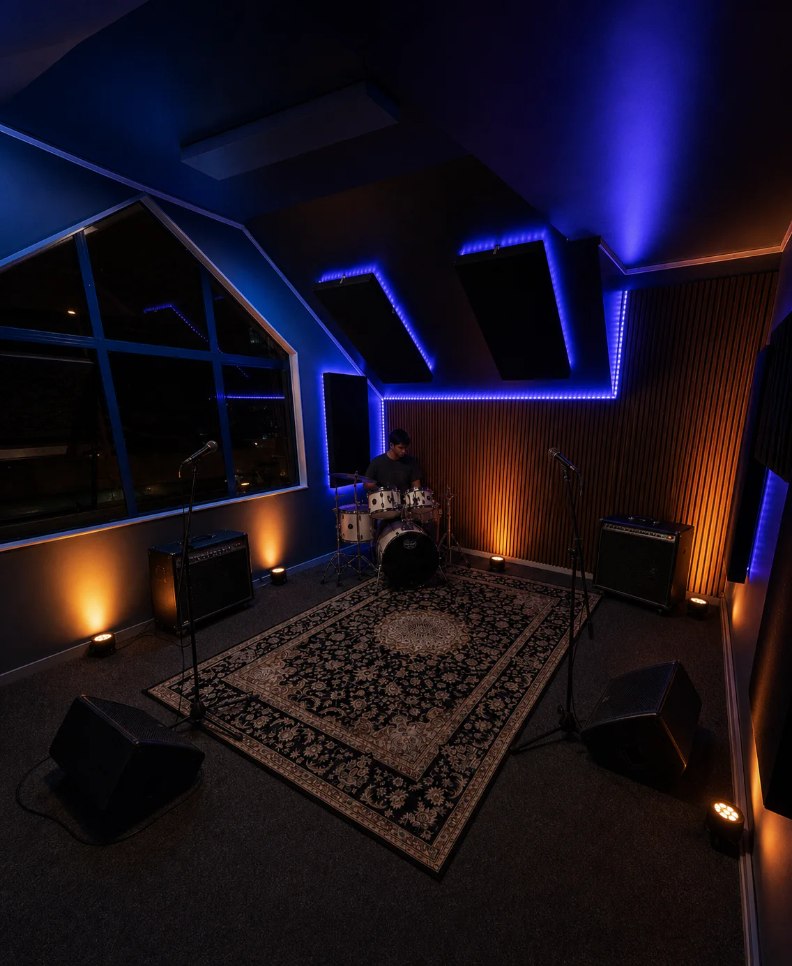 Band Factory rehearsal room set up for a session
